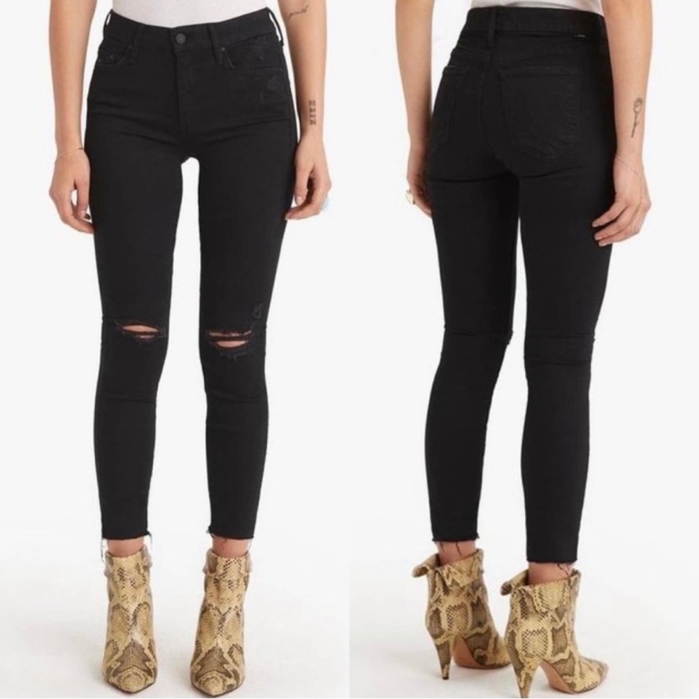 MOTHER Skinny Jeans in Black with Knee Rips